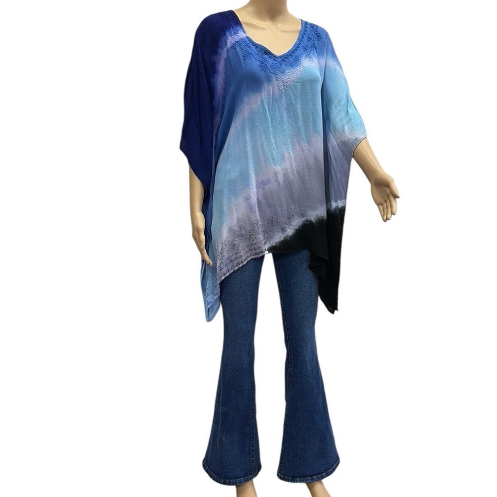 Tie Dye Oversized Boho Embroidered V Neck Poncho Style Tunic Top Free Size